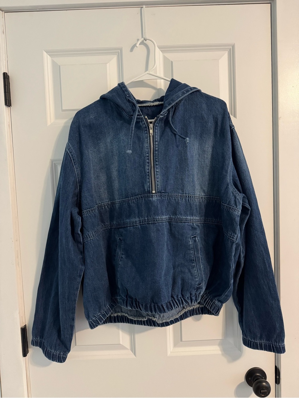 Blue Hooded Denim Pullover Jacket